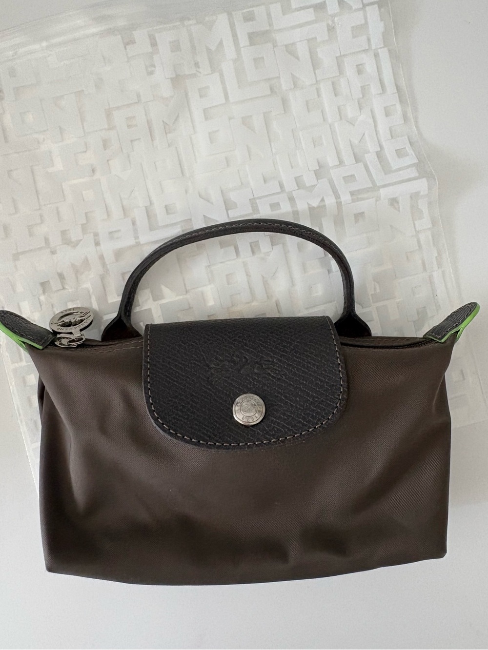 Longchamp Le Pliage XS Brown Leather & Nylon Crossbody Top Handle Rare Lime Trim - Picture 10 of 11